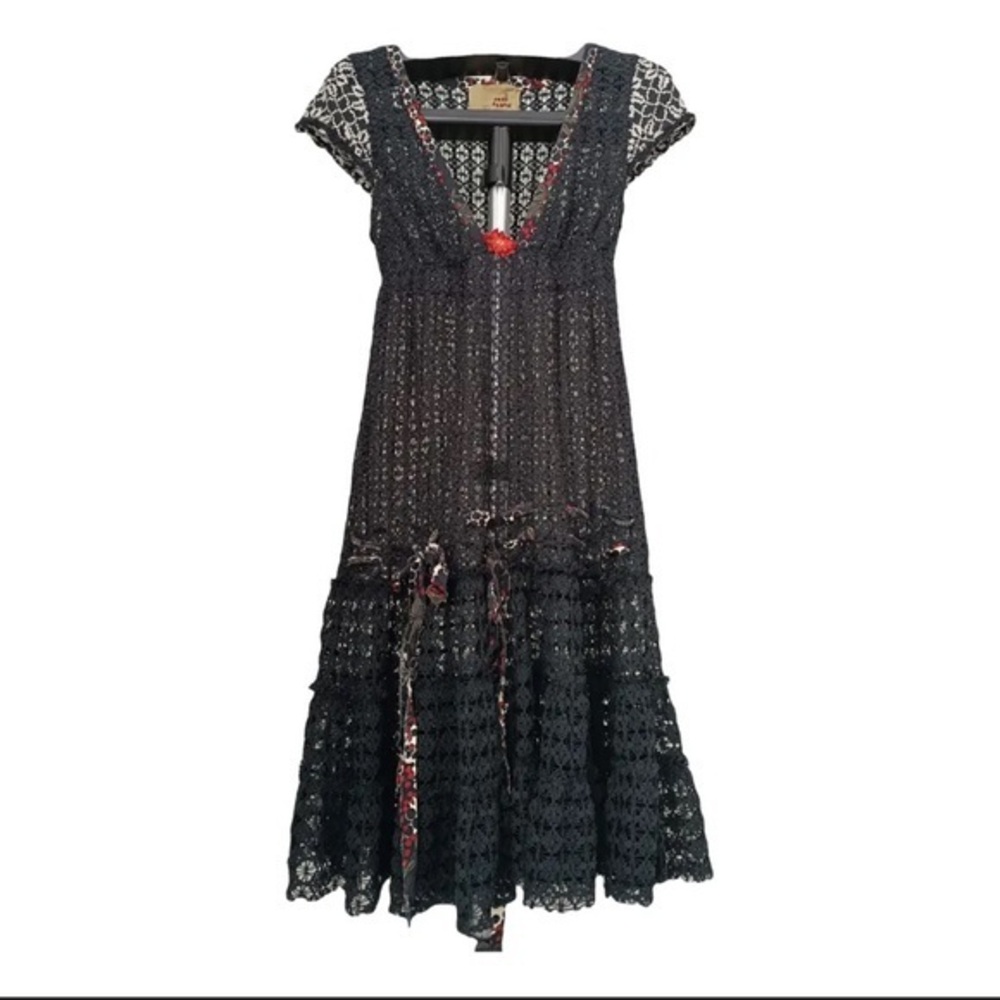 Vintage Free People Black Crochet Drop Waist Cap Slv Boho Whimsygoth size 4